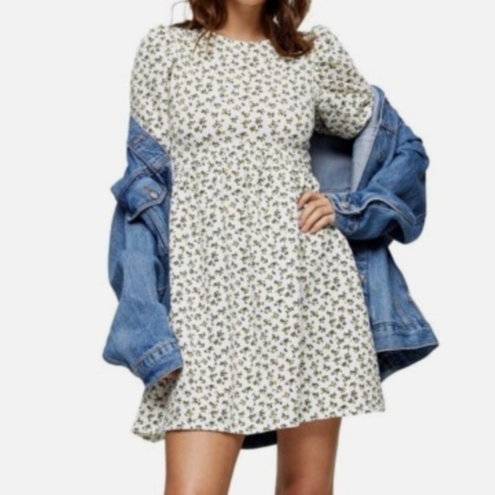 Topshop feminine whimsy floral fairy  White Puff Sleeve mini Sundress size 14